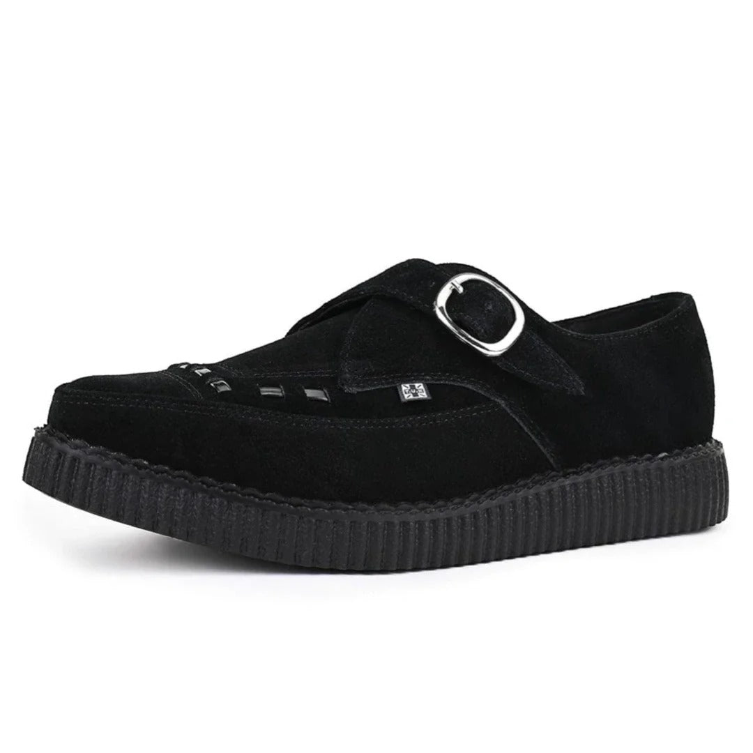 Zapatos de plataforma con hebilla Monk y punta puntiaguda estilo creeper en ante negro.