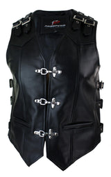 Chaleco de motociclista de cuero auténtico para hombre con hebilla y gancho.