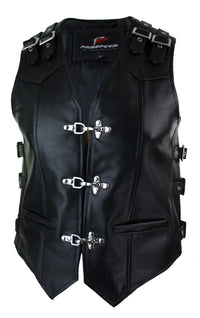 Chaleco de motociclista de cuero auténtico para hombre con hebilla y gancho.