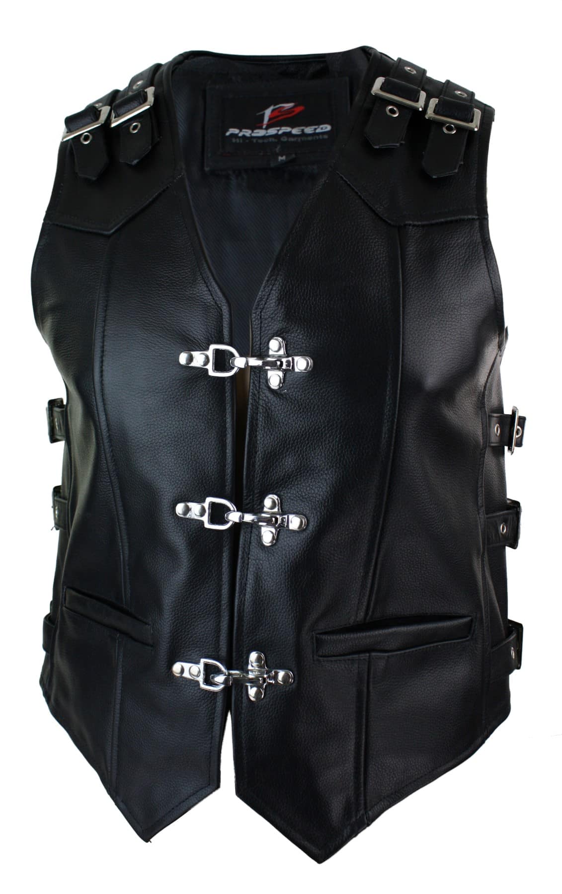 Chaleco de motociclista de cuero auténtico para hombre con hebilla y gancho.
