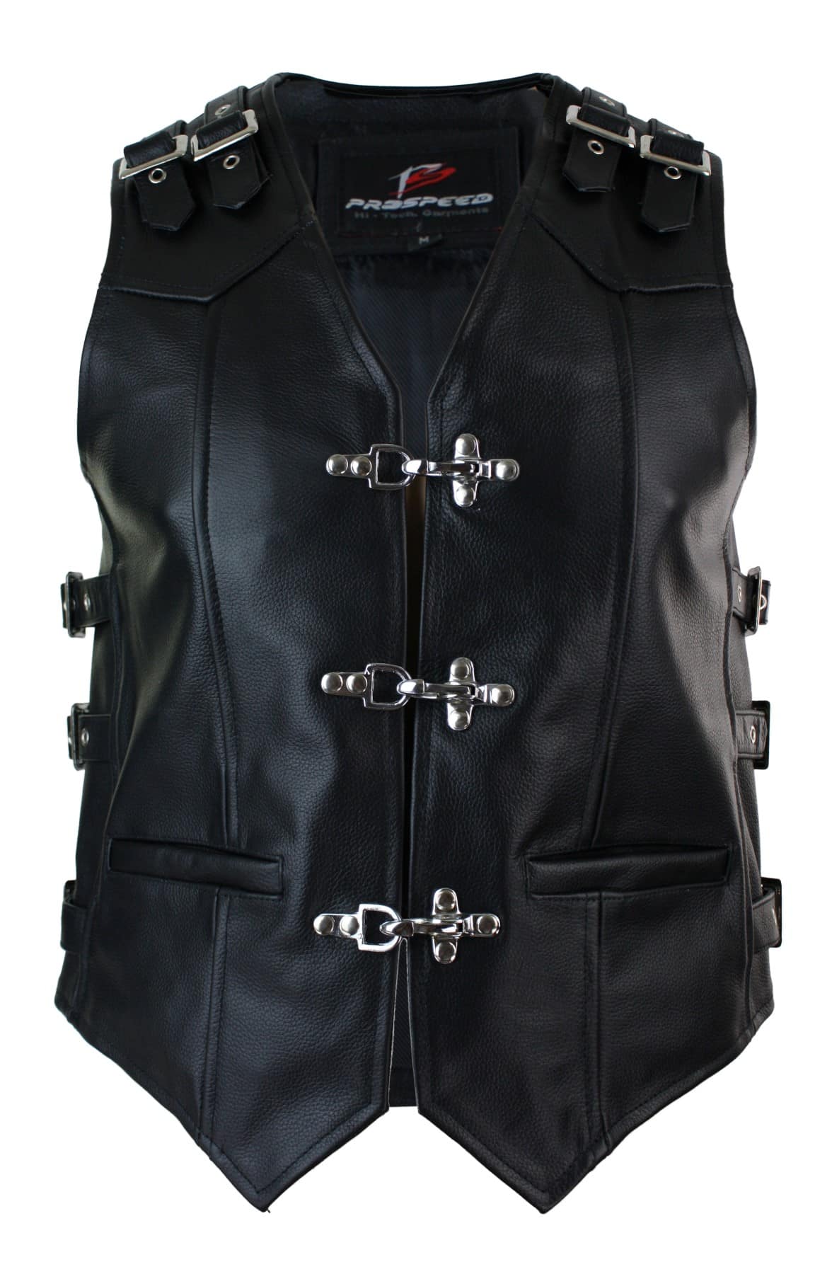 Chaleco de motociclista de cuero auténtico para hombre con hebilla y gancho.