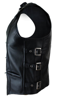 Chaleco de motociclista de cuero auténtico para hombre con hebilla y gancho.