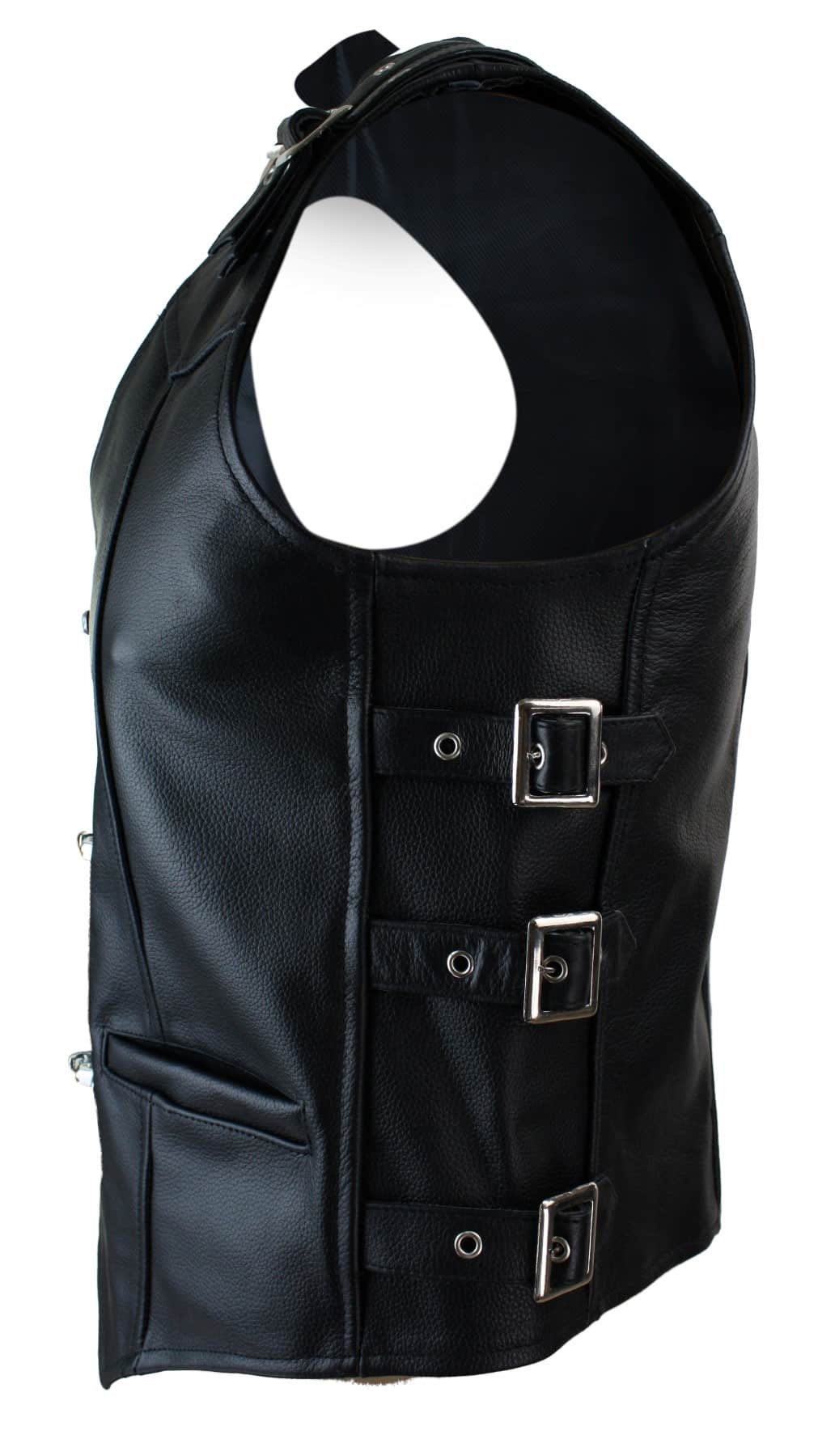 Chaleco de motociclista de cuero auténtico para hombre con hebilla y gancho.