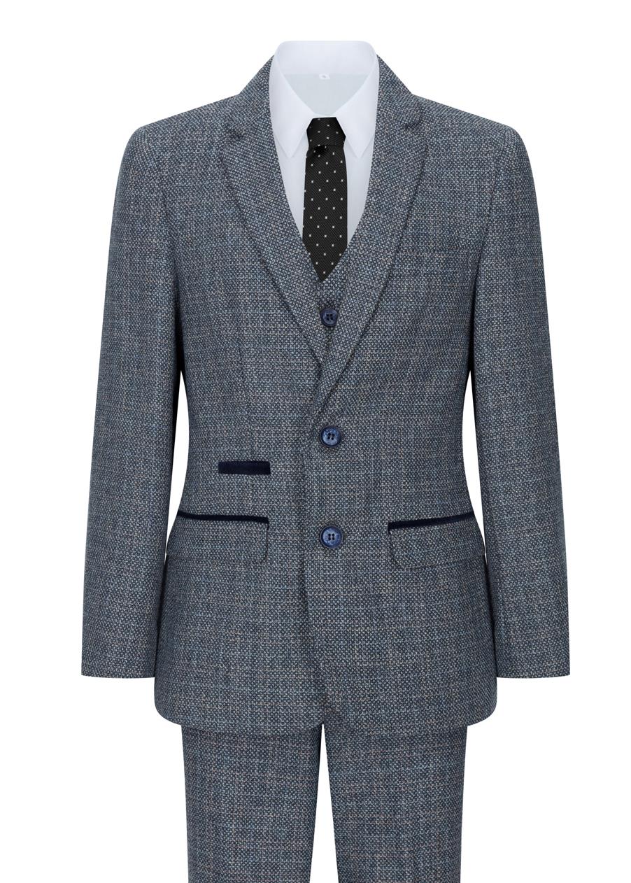 Traje de 3 piezas para niño, azul marino, tweed a cuadros, estilo vintage retro, corte entallado, años 20.