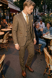 Traje de tres piezas de tweed a cuadros para hombre - Marrón