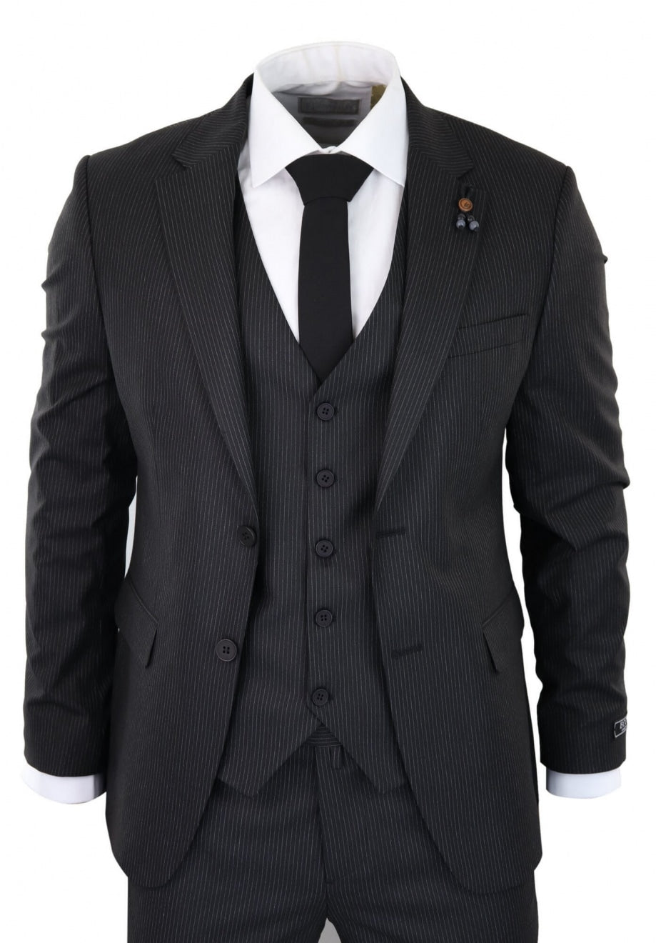Traje de tres piezas negro a rayas finas - RC20-02
