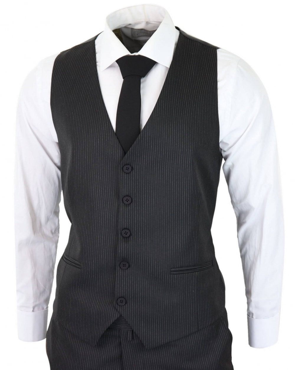 Traje de tres piezas negro a rayas finas - RC20-02