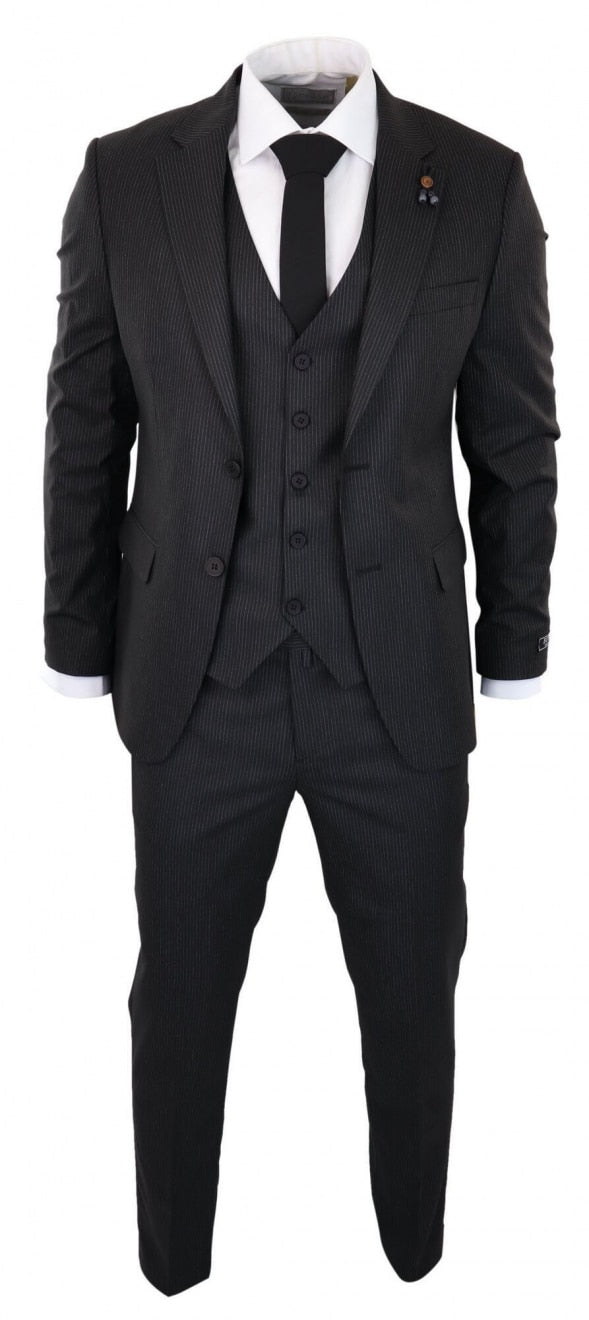 Traje de tres piezas negro a rayas finas - RC20-02