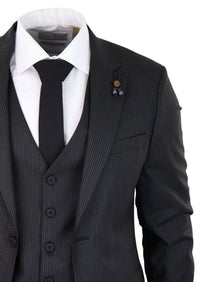 Traje de tres piezas negro a rayas finas - RC20-02