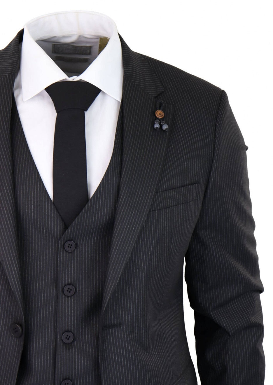 Traje de tres piezas negro a rayas finas - RC20-02