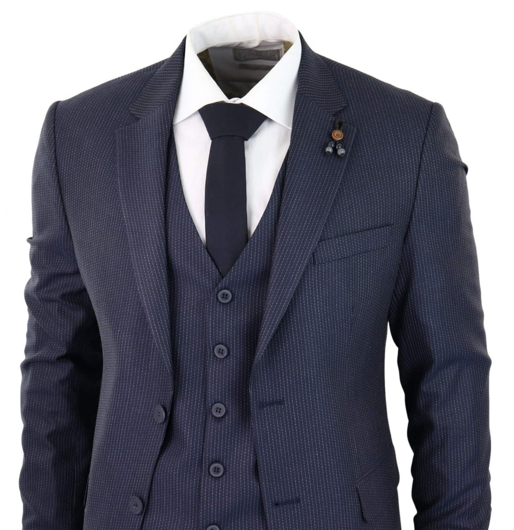 Traje de tres piezas azul marino a rayas finas - RC20-31