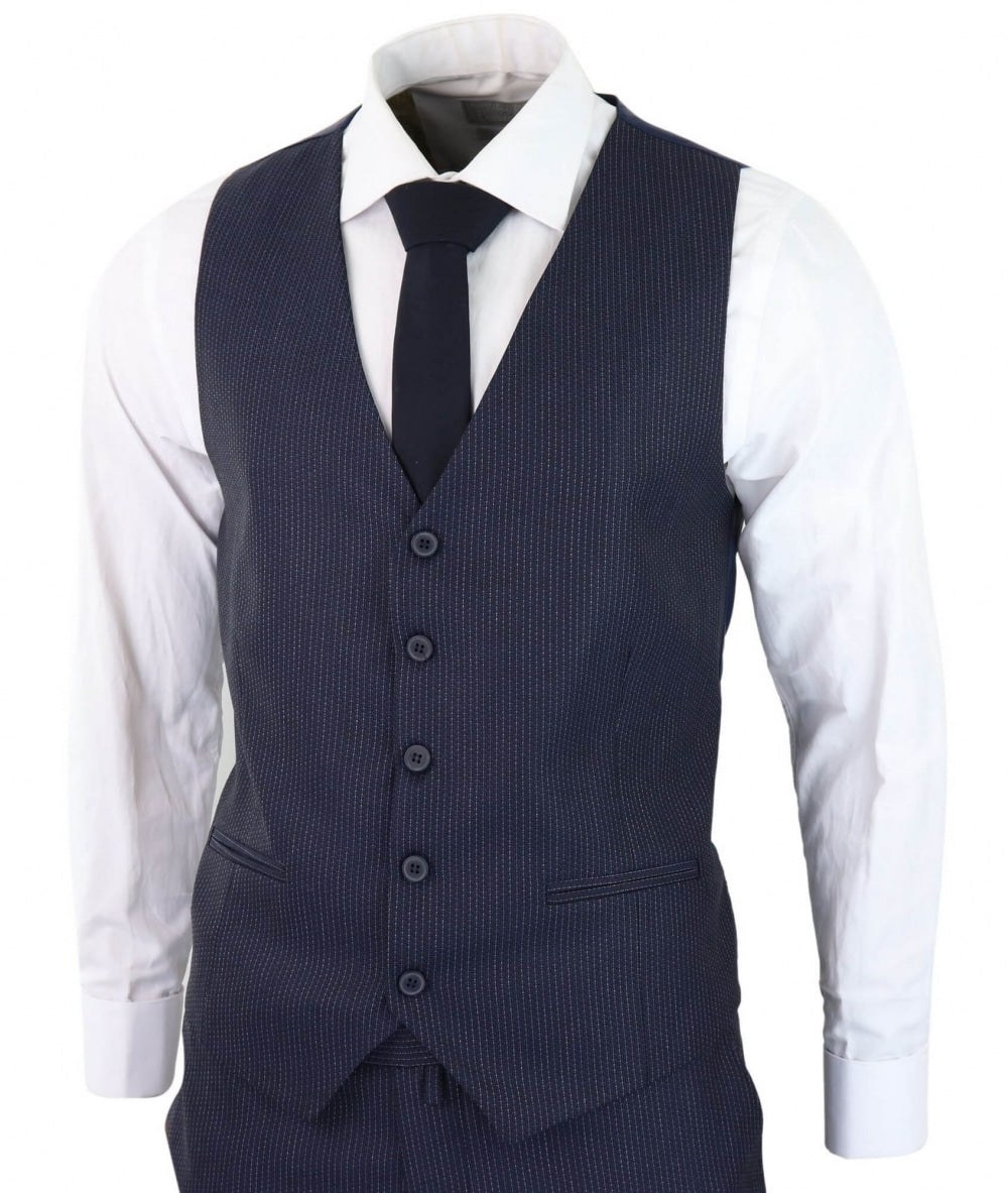 Traje de tres piezas azul marino a rayas finas - RC20-31