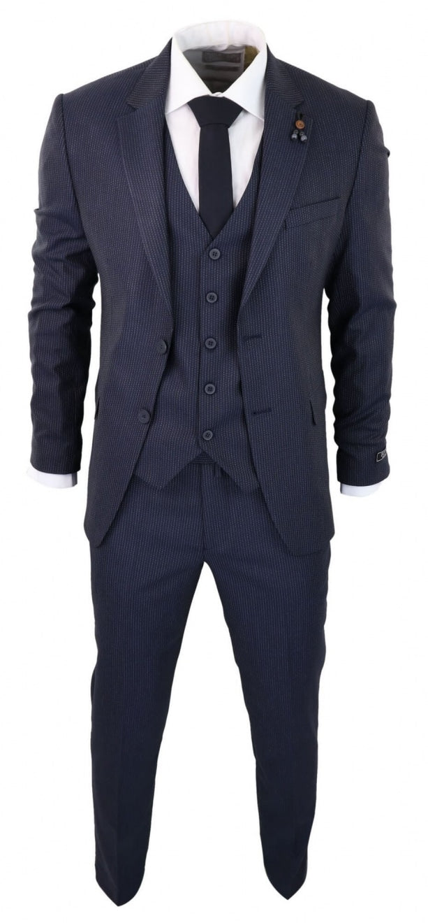 Traje de tres piezas azul marino a rayas finas - RC20-31