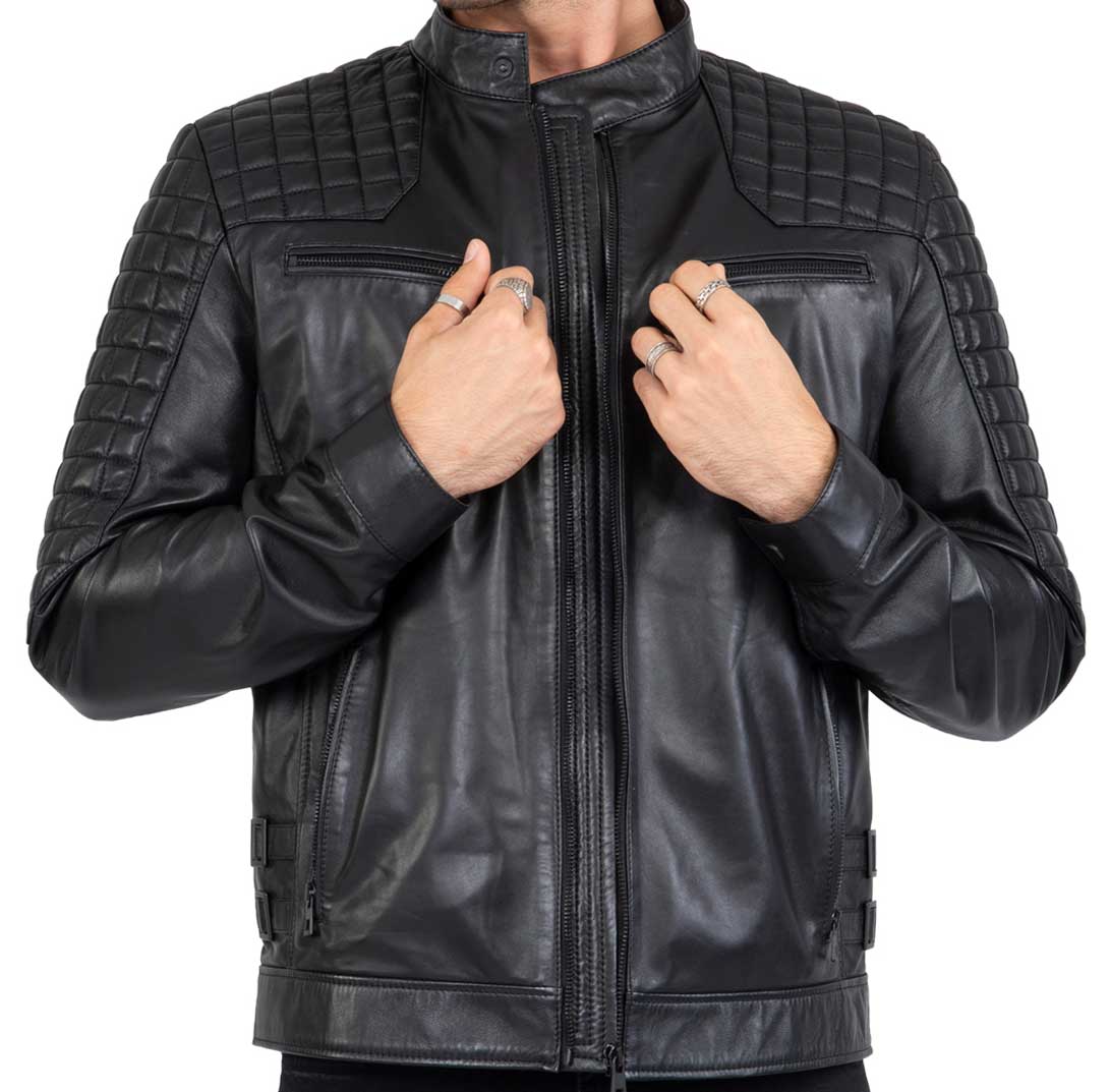 Chaqueta de moto negra de piel de cordero auténtica para hombre, corte ajustado, marca Beckham - B205