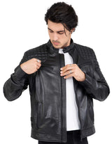 Chaqueta de moto negra de piel de cordero auténtica para hombre, corte ajustado, marca Beckham - B205