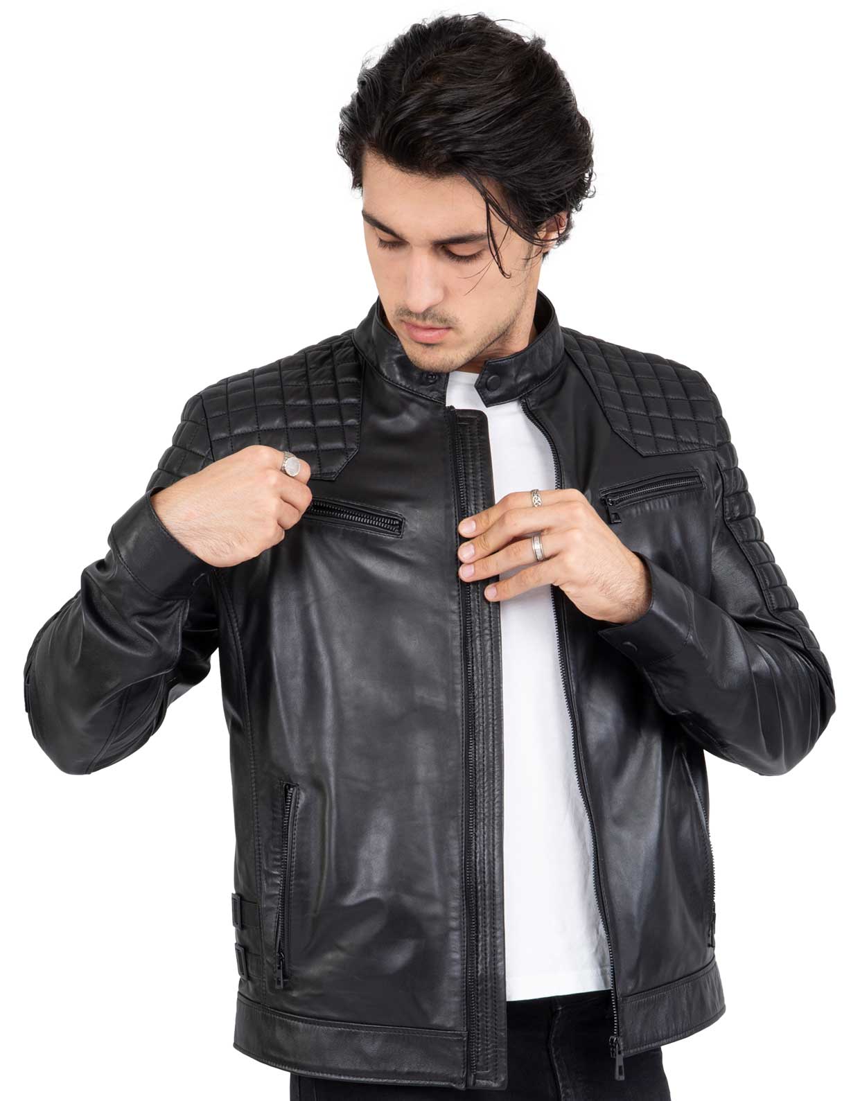 Chaqueta de moto negra de piel de cordero auténtica para hombre, corte ajustado, marca Beckham - B205
