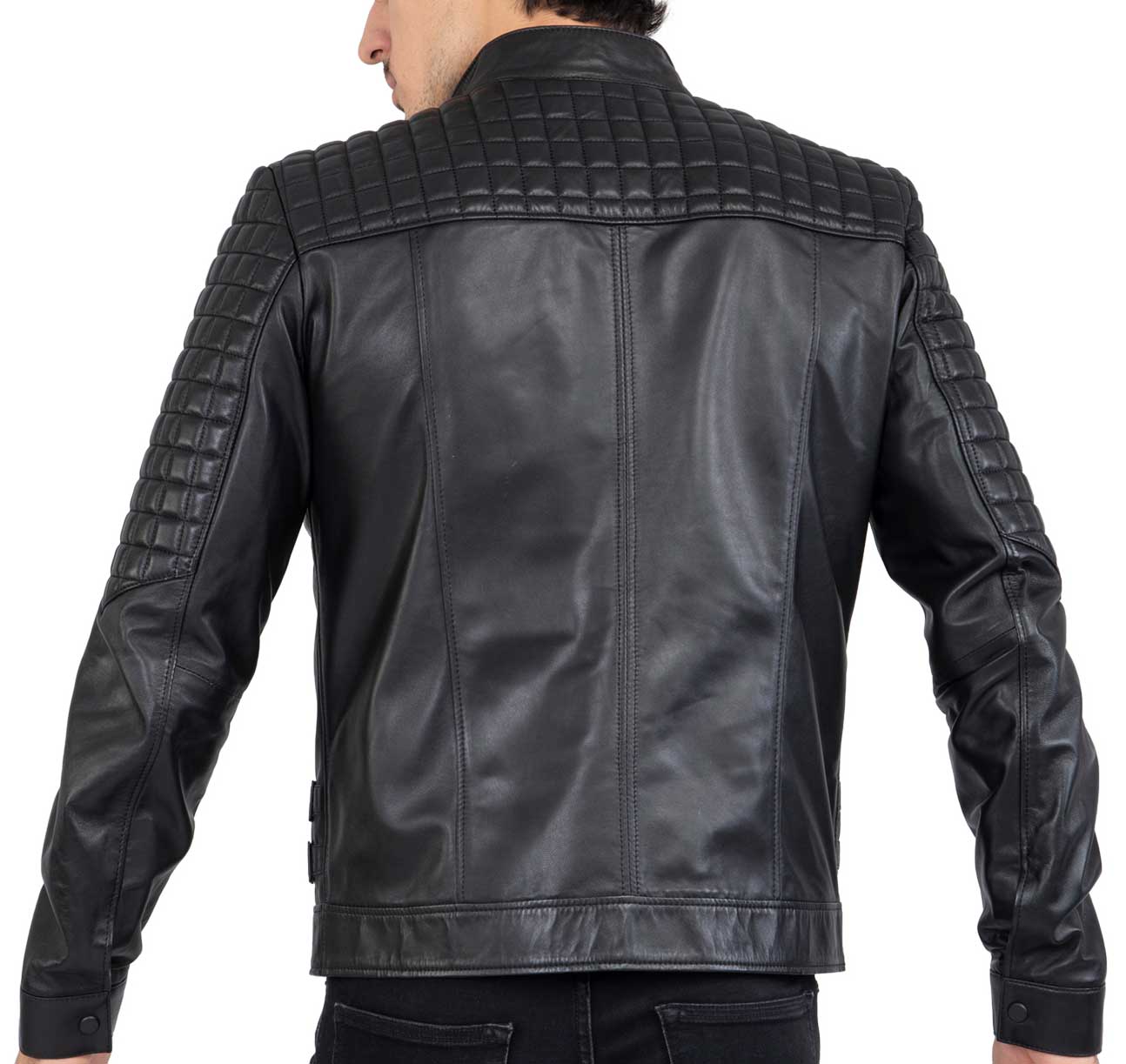 Chaqueta de moto negra de piel de cordero auténtica para hombre, corte ajustado, marca Beckham - B205