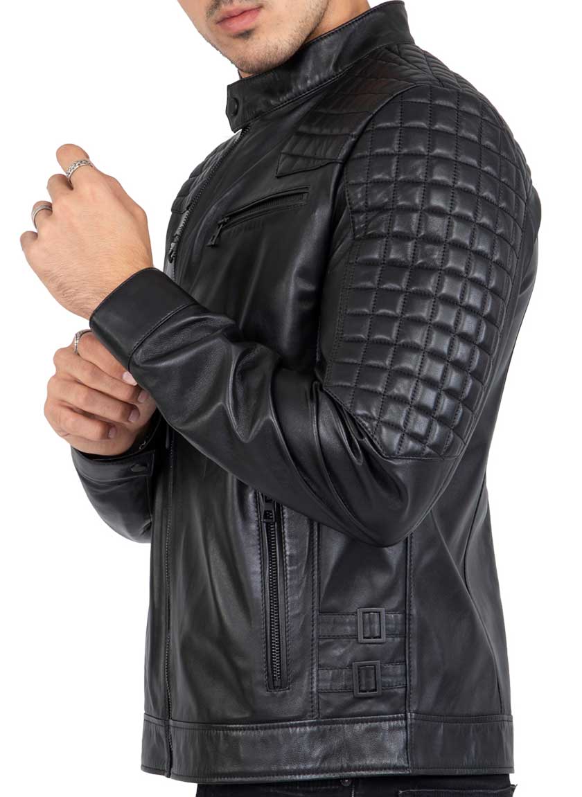 Chaqueta de moto negra de piel de cordero auténtica para hombre, corte ajustado, marca Beckham - B205
