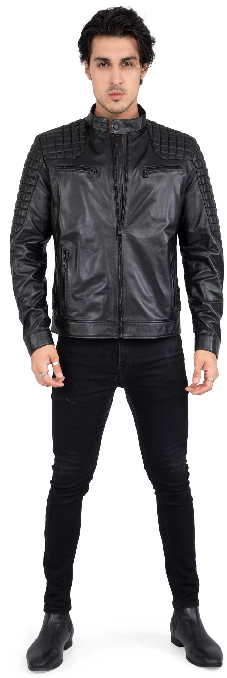 Chaqueta de moto negra de piel de cordero auténtica para hombre, corte ajustado, marca Beckham - B205