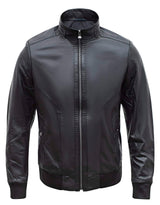 Chaqueta bomber negra de piel de cordero auténtica para hombre, corte regular - B210