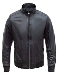 Chaqueta bomber negra de piel de cordero auténtica para hombre, corte regular - B210