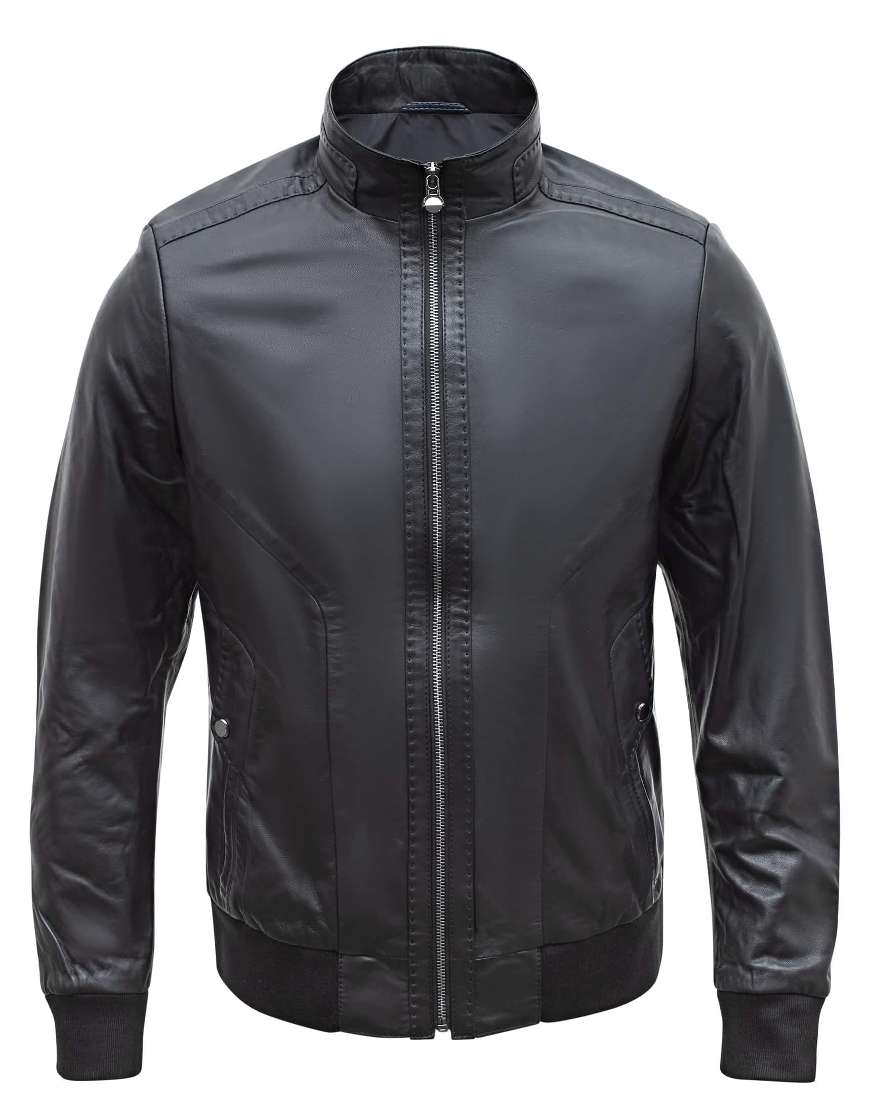 Chaqueta bomber negra de piel de cordero auténtica para hombre, corte regular - B210