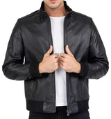 Chaqueta bomber negra de piel de cordero auténtica para hombre, corte regular - B210