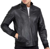 Chaqueta bomber negra de piel de cordero auténtica para hombre, corte regular - B210