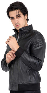 Chaqueta bomber negra de piel de cordero auténtica para hombre, corte regular - B210