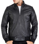 Chaqueta bomber negra de piel de cordero auténtica para hombre, corte regular - B210