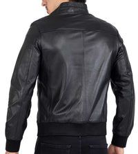 Chaqueta bomber negra de piel de cordero auténtica para hombre, corte regular - B210