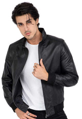 Chaqueta bomber negra de piel de cordero auténtica para hombre, corte regular - B210