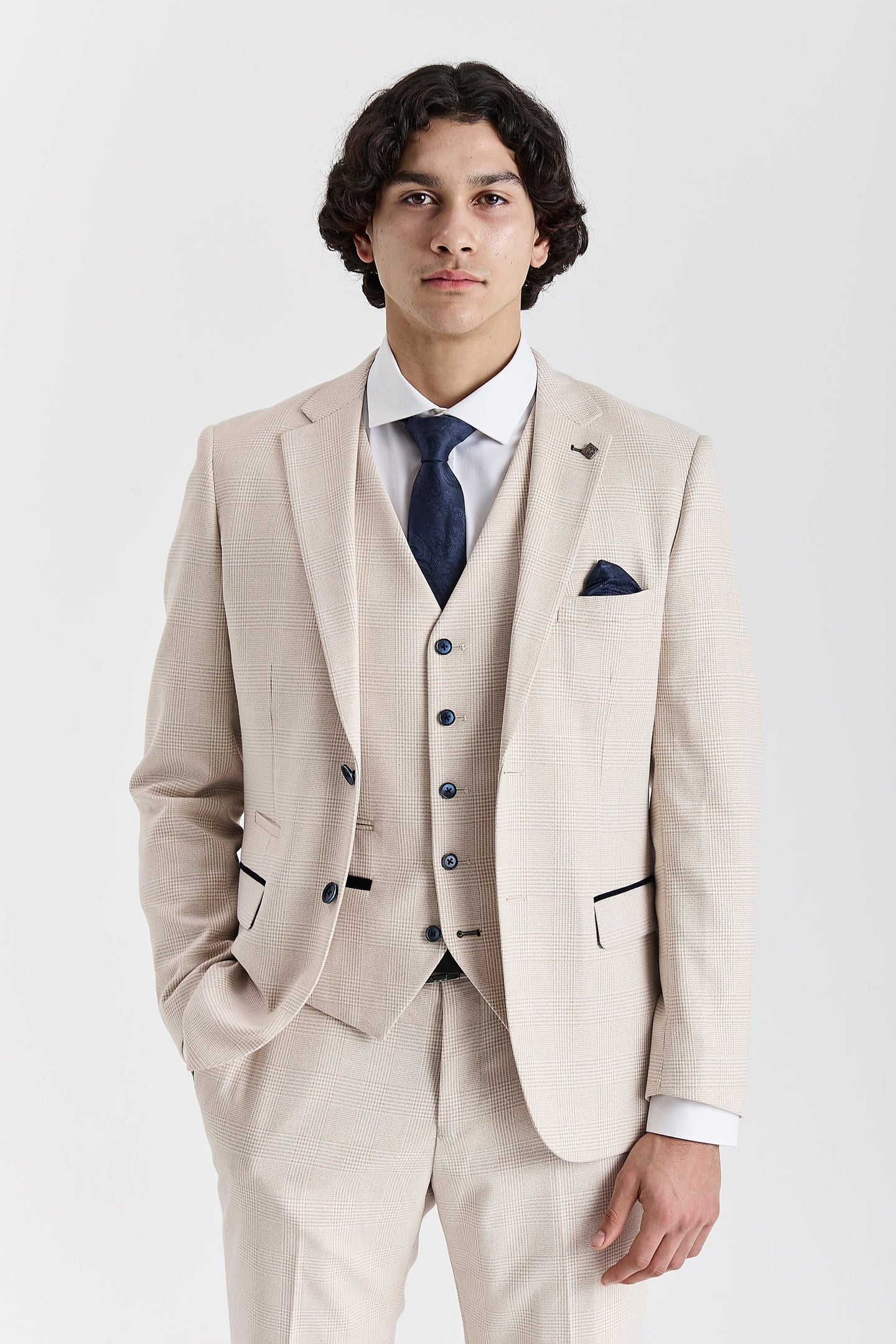 Regent - Traje de boda de 3 piezas a cuadros color crema para hombre