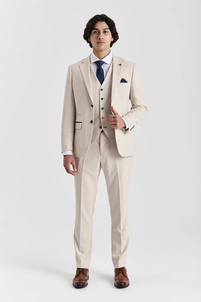 Regent - Traje de boda de 3 piezas a cuadros color crema para hombre
