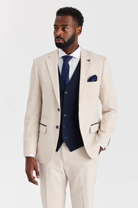 Traje a cuadros color crema Regent con chaleco azul marino Regent en contraste.