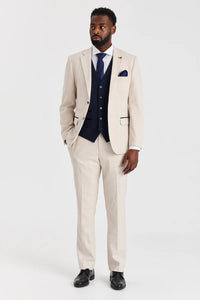 Traje a cuadros color crema Regent con chaleco azul marino Regent en contraste.