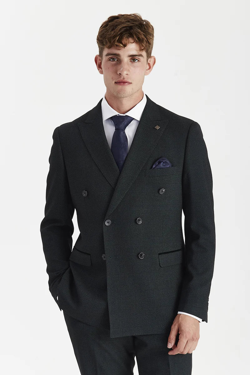 Regent - Blazer cruzado a cuadros verdes para hombre