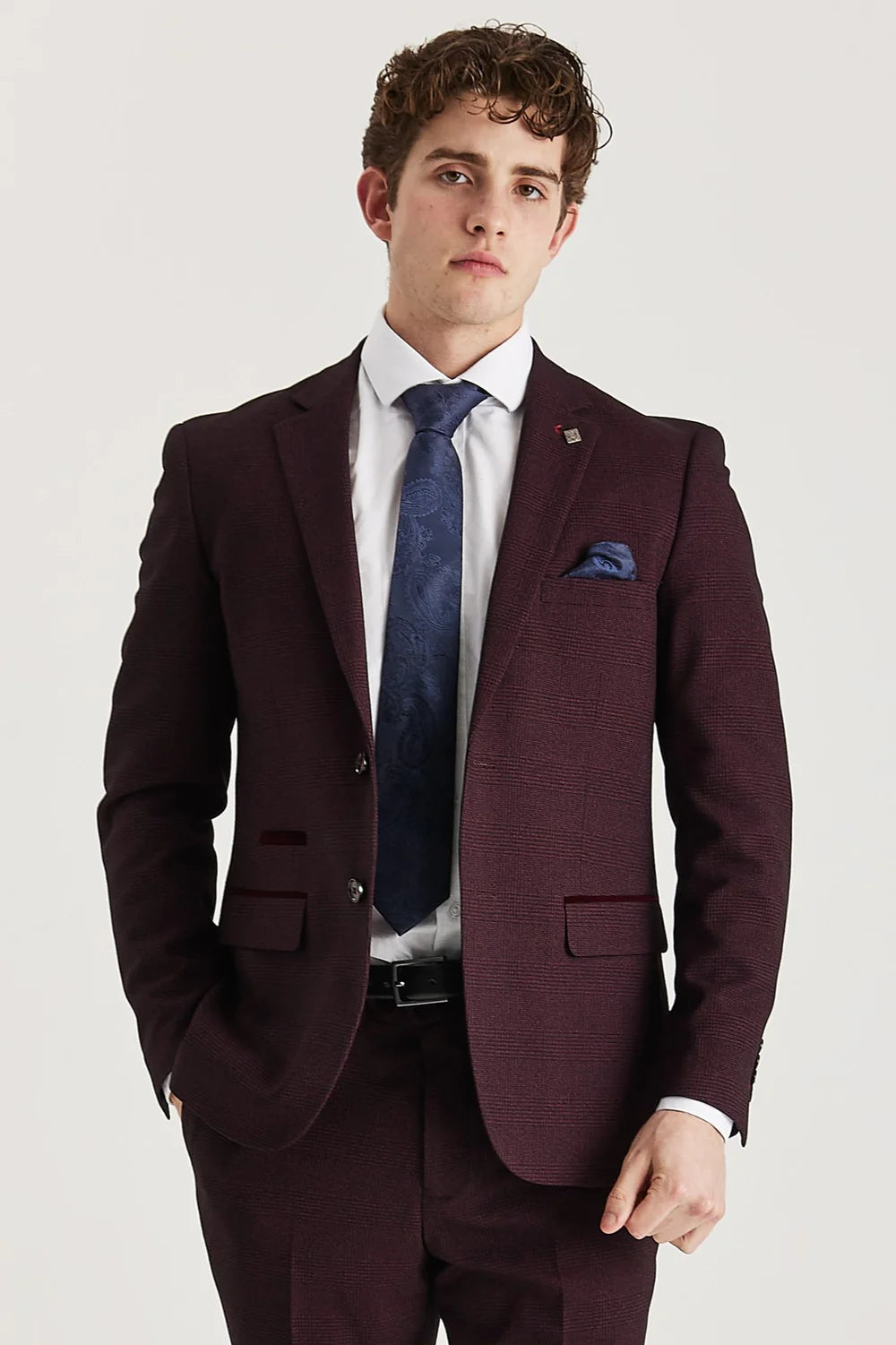 Regent - Blazer de corte entallado a cuadros color vino para hombre