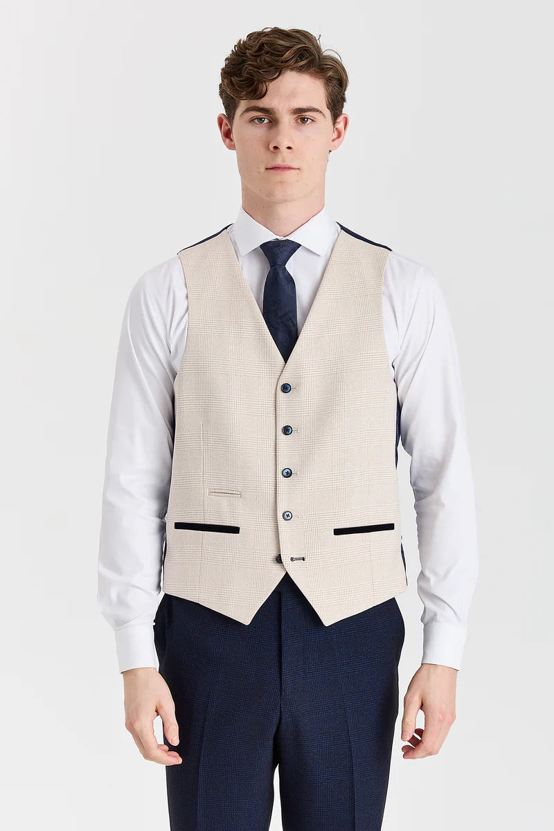 Traje a cuadros azul marino Regent con chaleco color crema Regent en contraste.