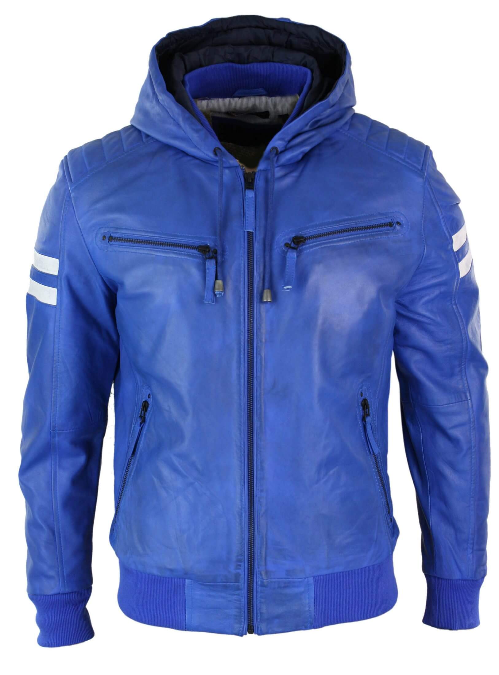 Chaqueta bomber de cuero Realy para hombre con capucha - Azul