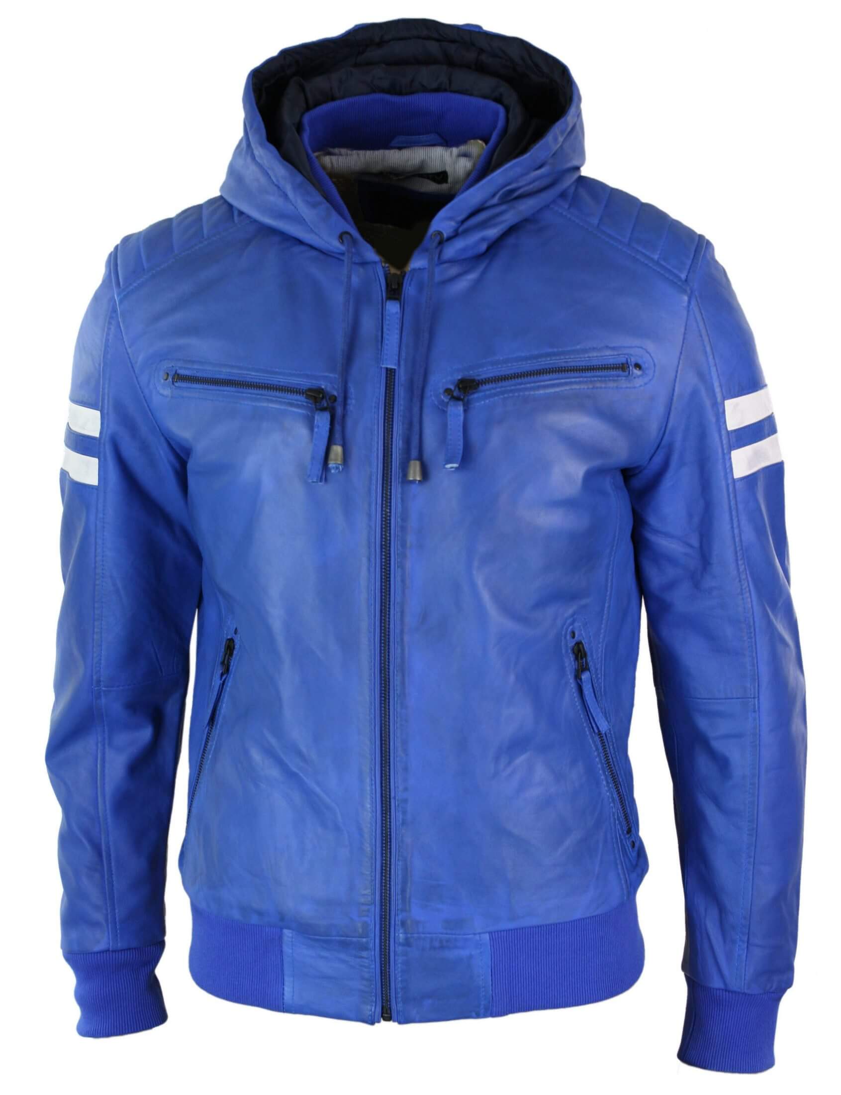 Chaqueta bomber de cuero Realy para hombre con capucha - Azul