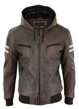 Chaqueta bomber de cuero auténtico para hombre con capucha - Marrón