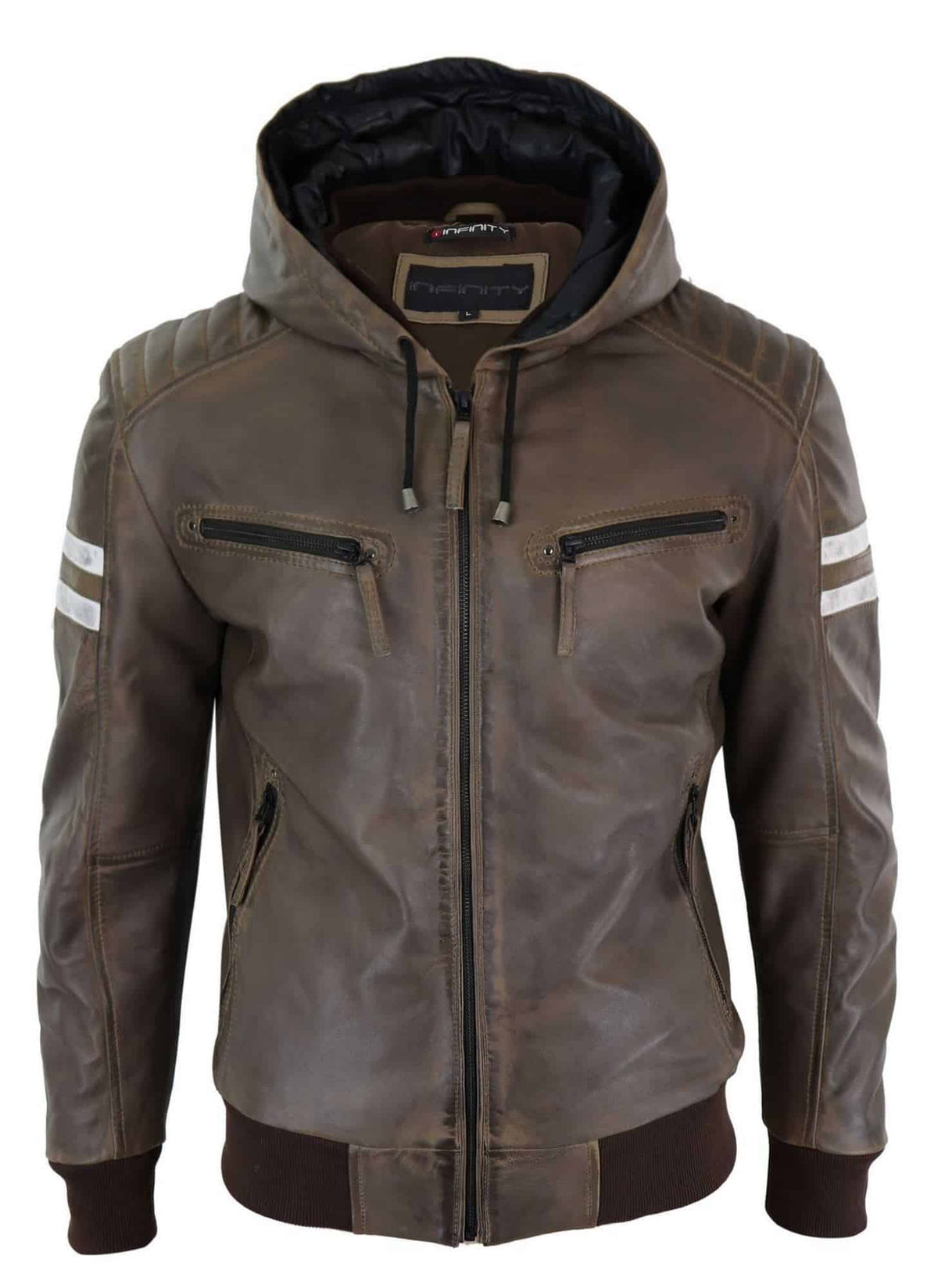 Chaqueta bomber de cuero auténtico para hombre con capucha - Marrón