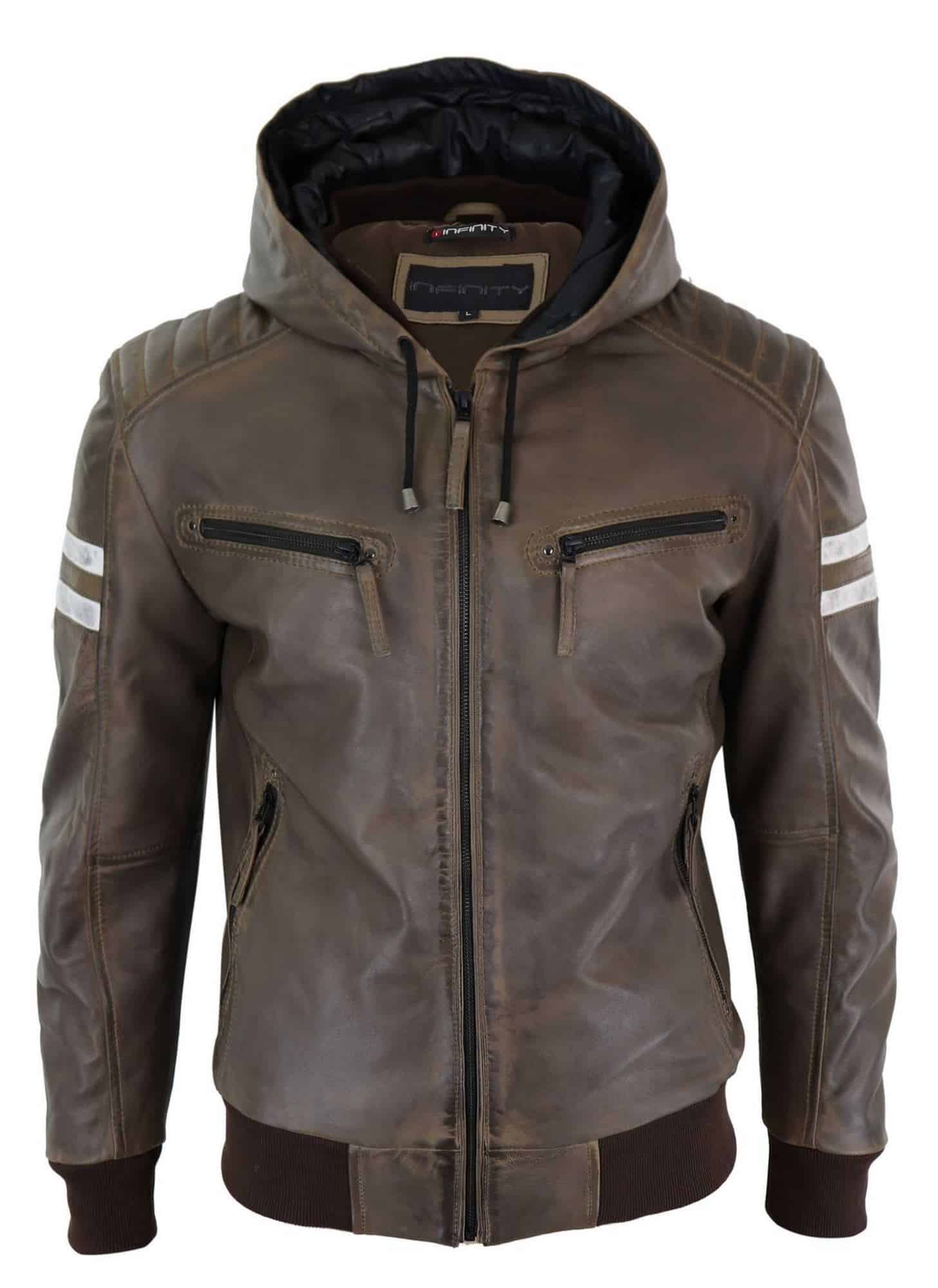 Chaqueta bomber de cuero auténtico para hombre con capucha - Marrón