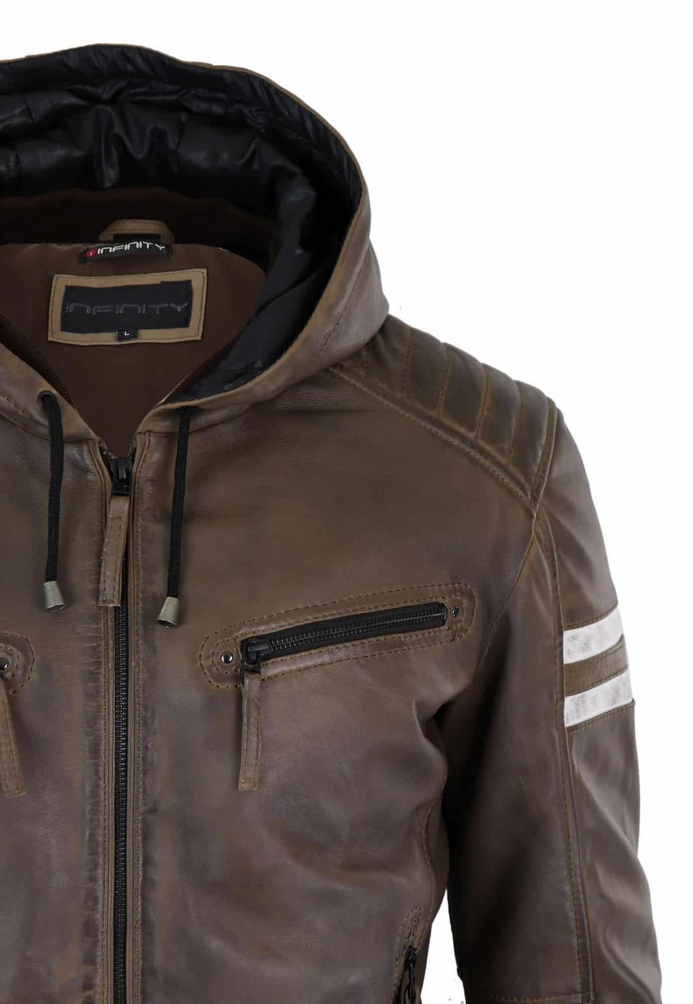 Chaqueta bomber de cuero auténtico para hombre con capucha - Marrón