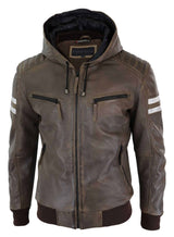 Chaqueta bomber de cuero auténtico para hombre con capucha - Marrón