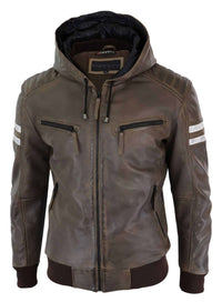 Chaqueta bomber de cuero auténtico para hombre con capucha - Marrón