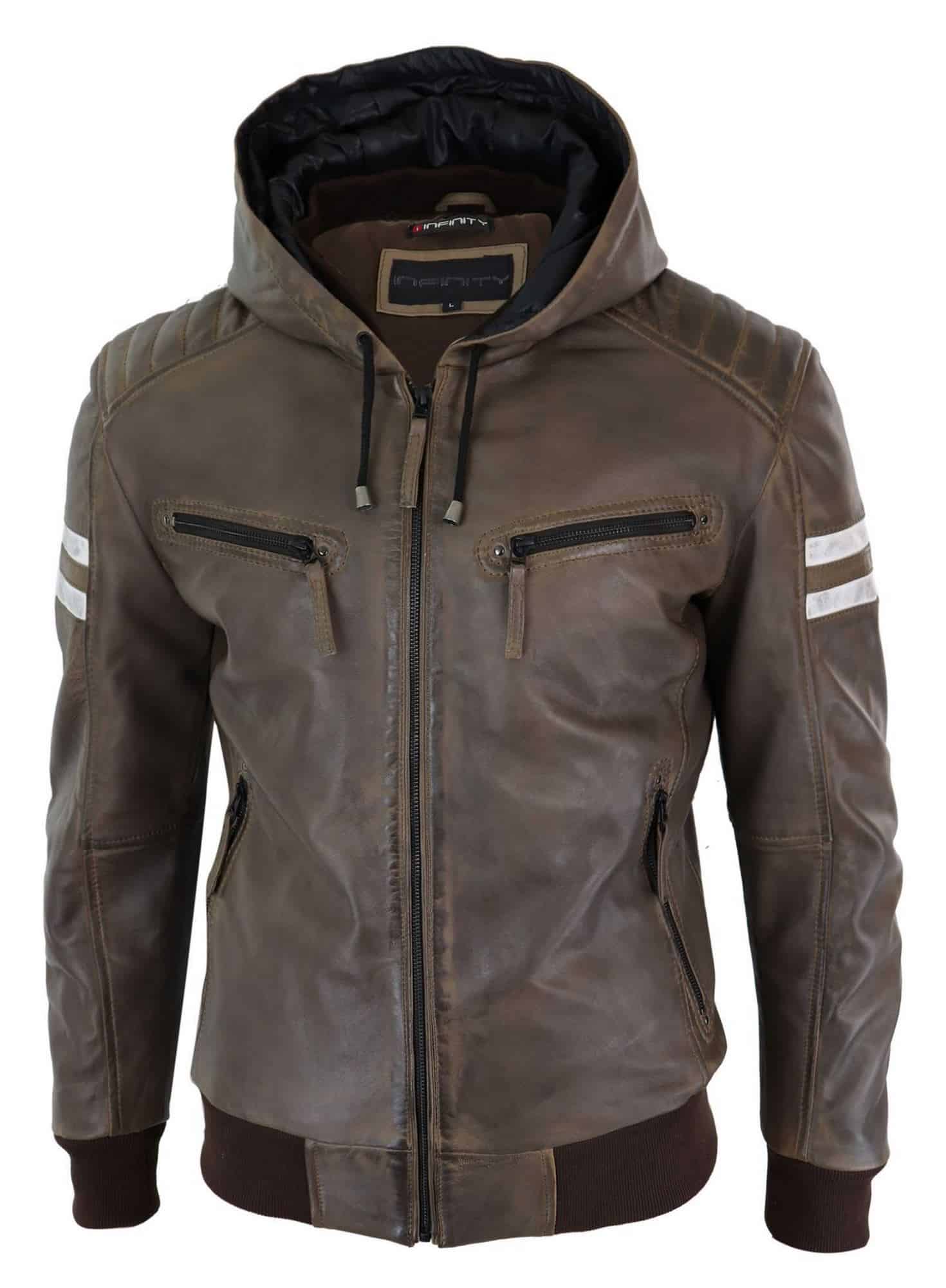 Chaqueta bomber de cuero auténtico para hombre con capucha - Marrón