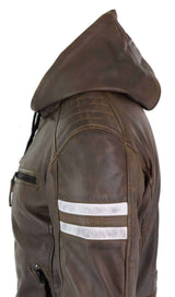 Chaqueta bomber de cuero auténtico para hombre con capucha - Marrón