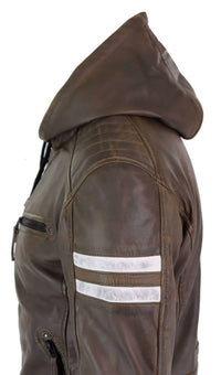 Chaqueta bomber de cuero auténtico para hombre con capucha - Marrón